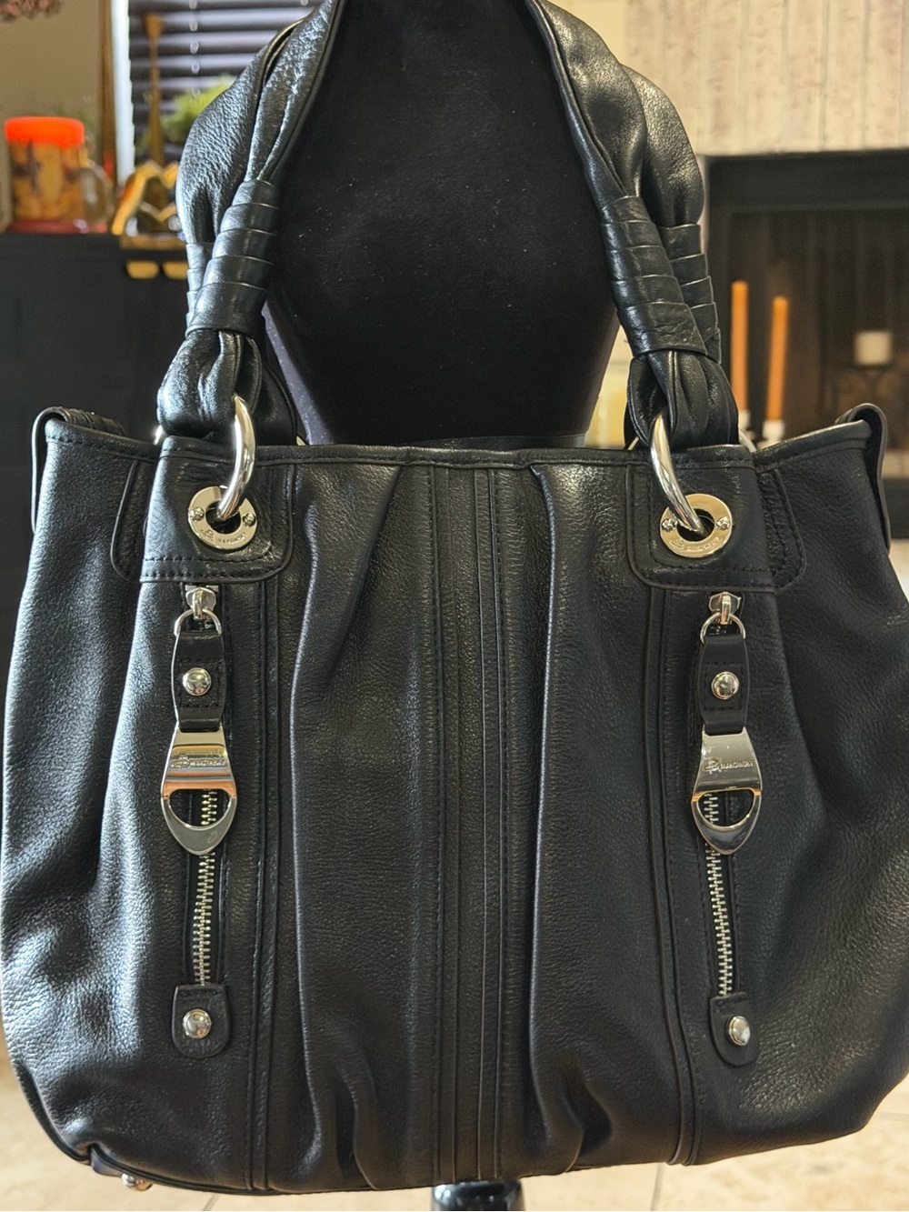 B. Makowsky Black Pebbled Leather Satchel Handbag Dual Zip Pockets NWOT